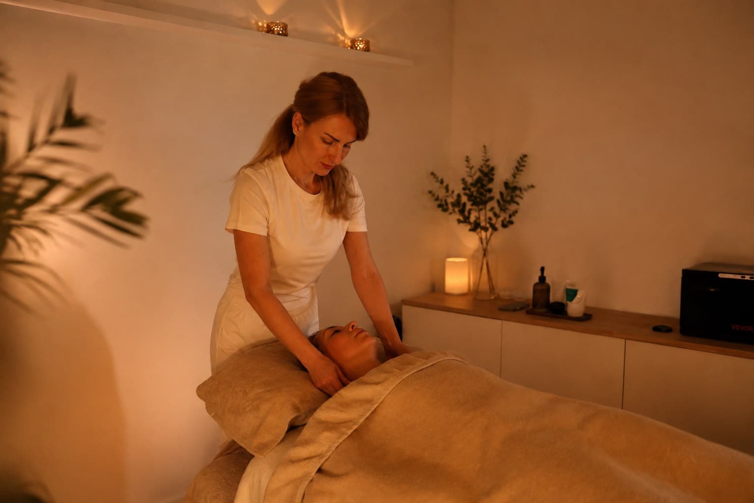 Nack- och skalpmassage i rummets varma ljus